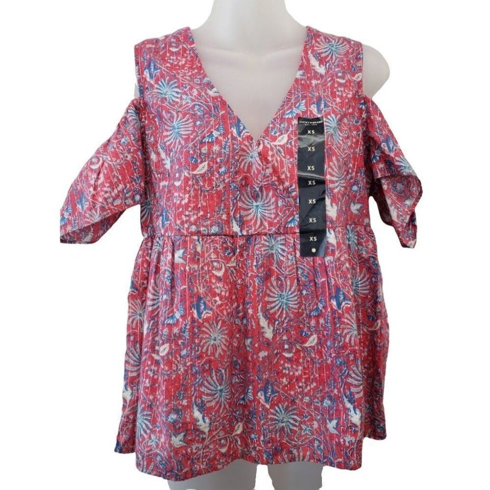 Lucky Brand Cold Shoulder Blouse Top Womens XS Silver Red Blue Floral Cotton NEW